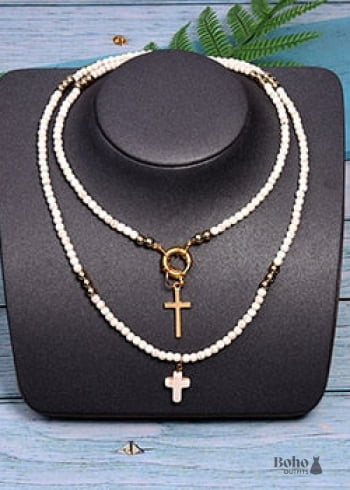 Boho Necklace, Seed Bead Layered Choker, Double Cross